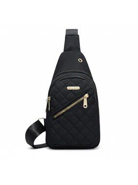 Quilted Black Nylon Crossbody Sling Bag With Gold Zippers & Adjustable Strap - L